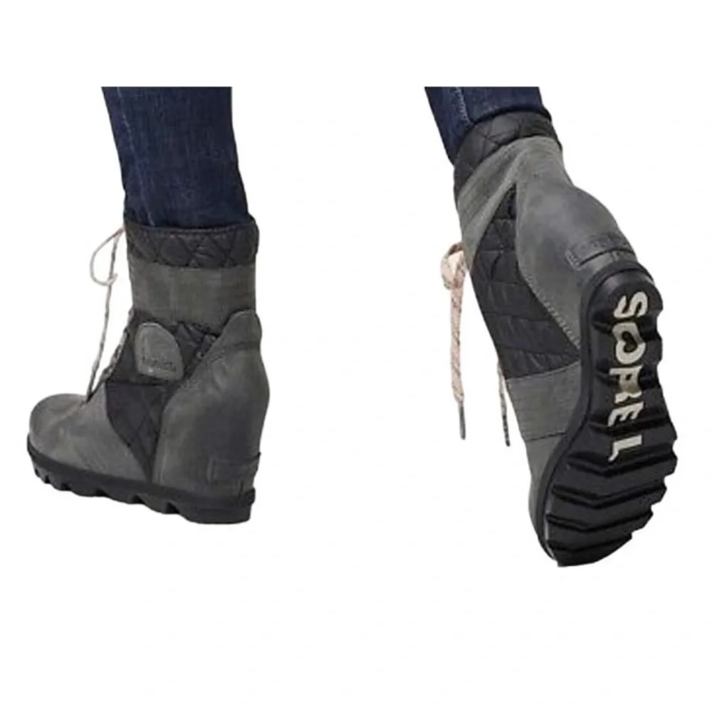 Sorel Lexie Quilted Leather Wedge Boots Dark Slate Ardoise Sombre Size 7.5 - Picture 10 of 10